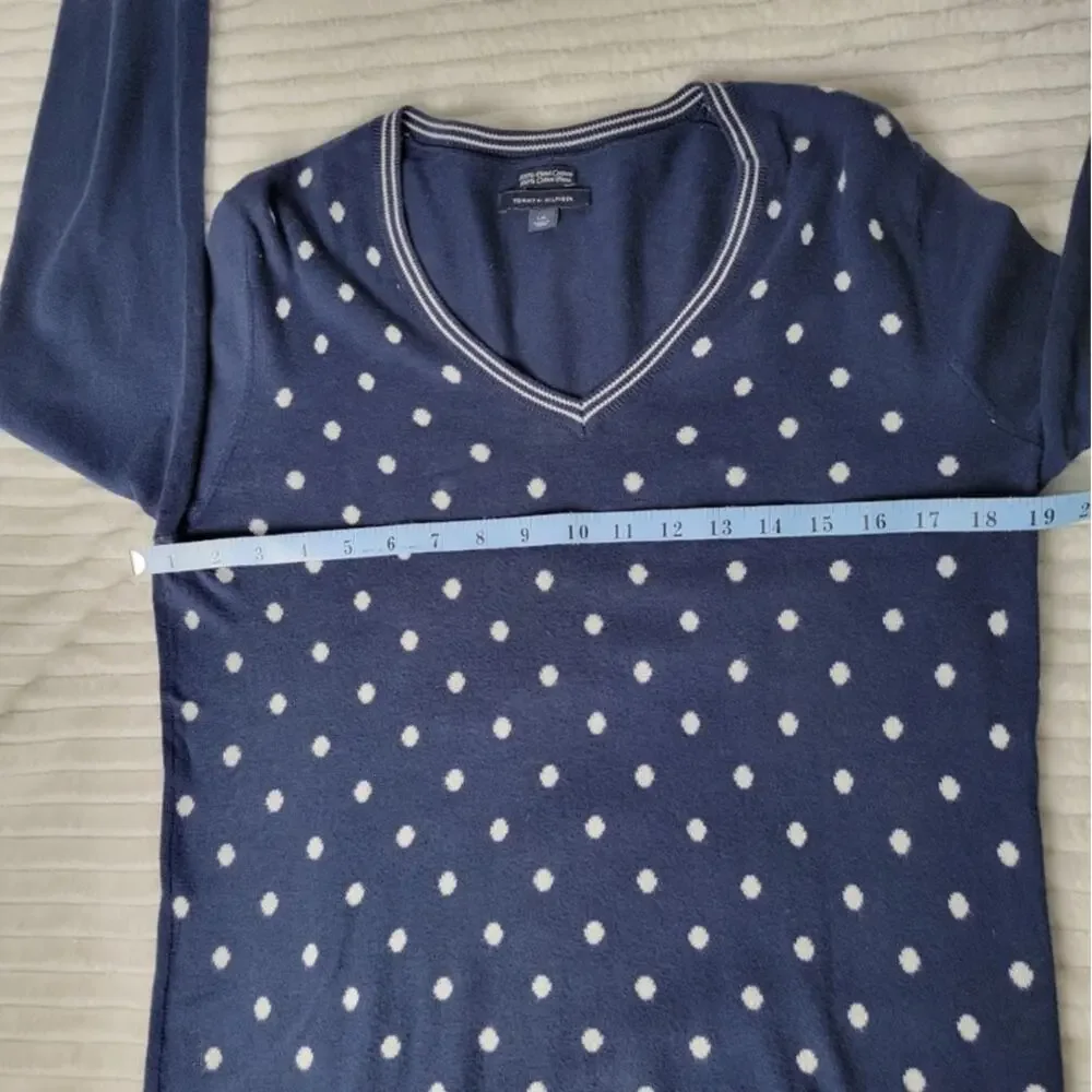 Tommy Hilfiger Navy Polka Dot Sweater Women's Large 100% Pima‎ Cotton V-Neck - Picture 6 of 9